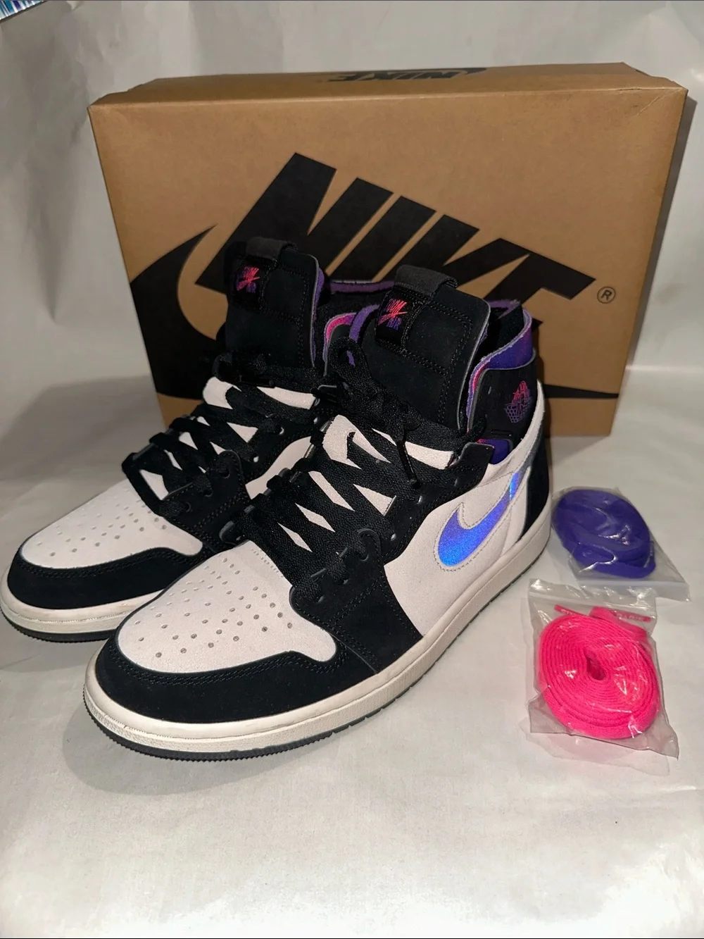 Nike PSG Jordan 1’s — Black, White & Purple Iridescent Swoosh